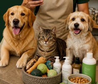 Balcão de petshop com dois cachorros, um gato, brinquedos e produtos de higiene